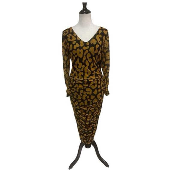 11 Honore Iris Ruch Mesh Long Sleeve Bodycon Dress Animal Print Yellow Black 1X - Picture 3 of 9
